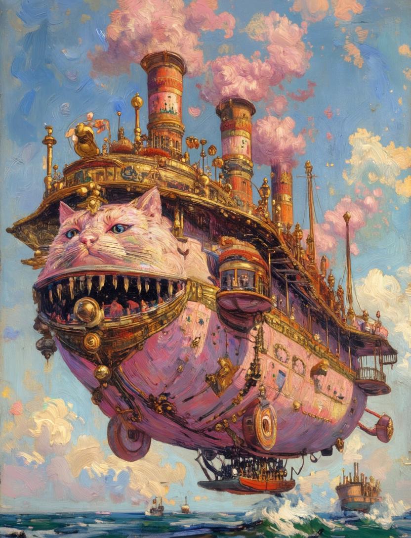 Steampunk Cat Airship Over the Sea AI image template preview