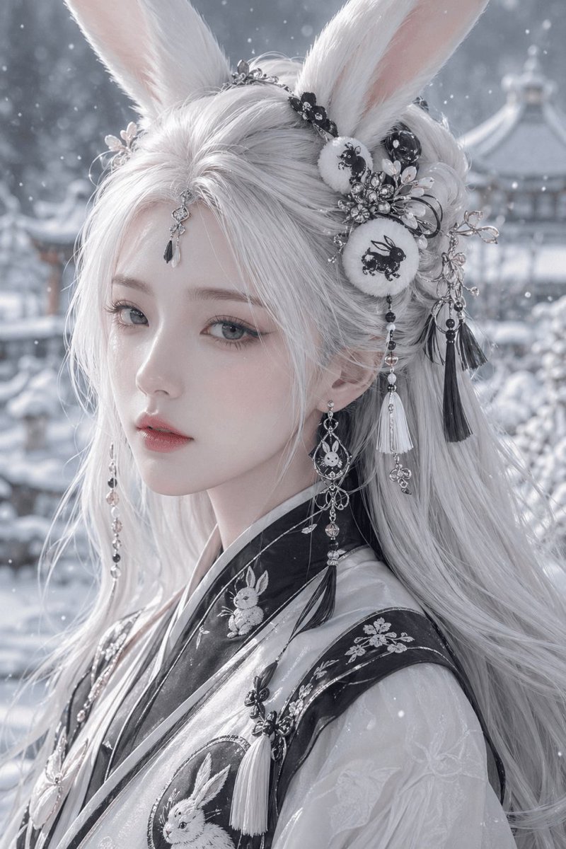Snowy Rabbit Hanfu Portrait AI image template preview