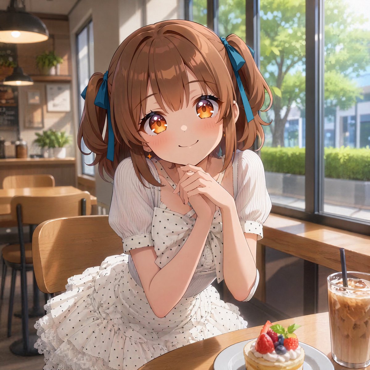 Anime Girl in Sunny Cafe AI image template preview