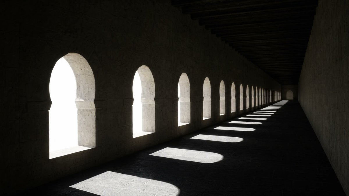 Dramatic Stone Corridor With Arched Windows AI image template preview