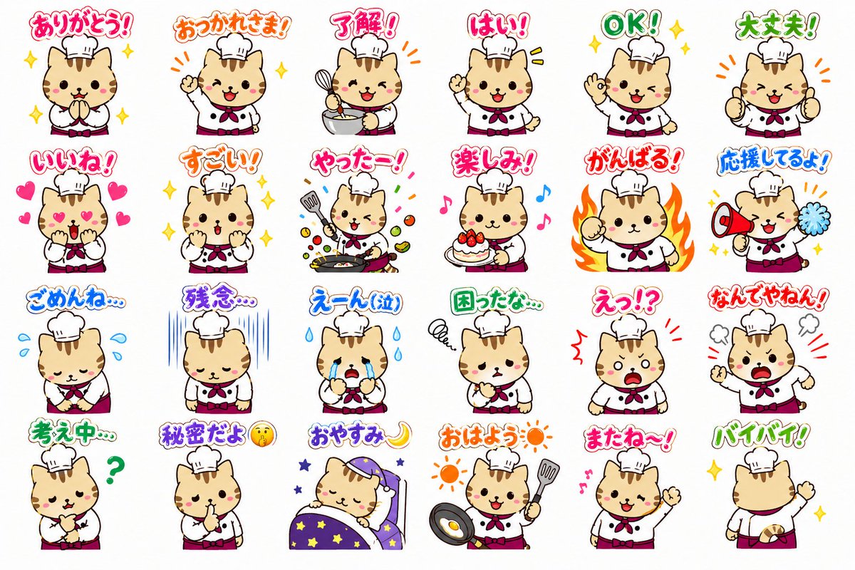 Chef Cat LINE Sticker Sheet AI image template preview