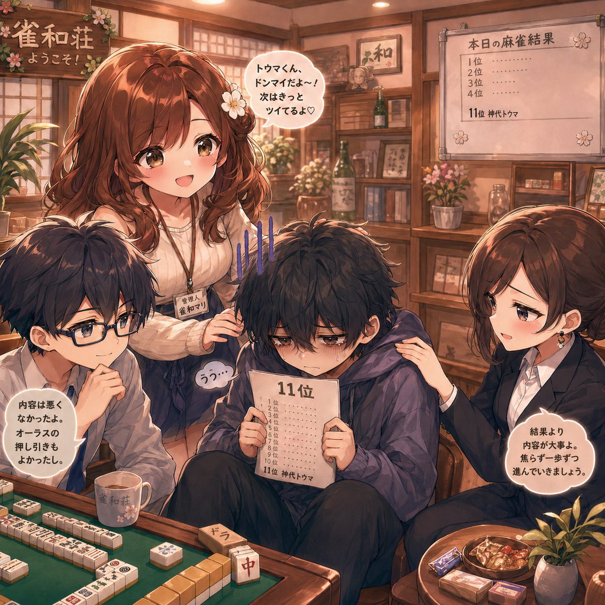 Anime Mahjong Loss Consolation Scene AI image template preview