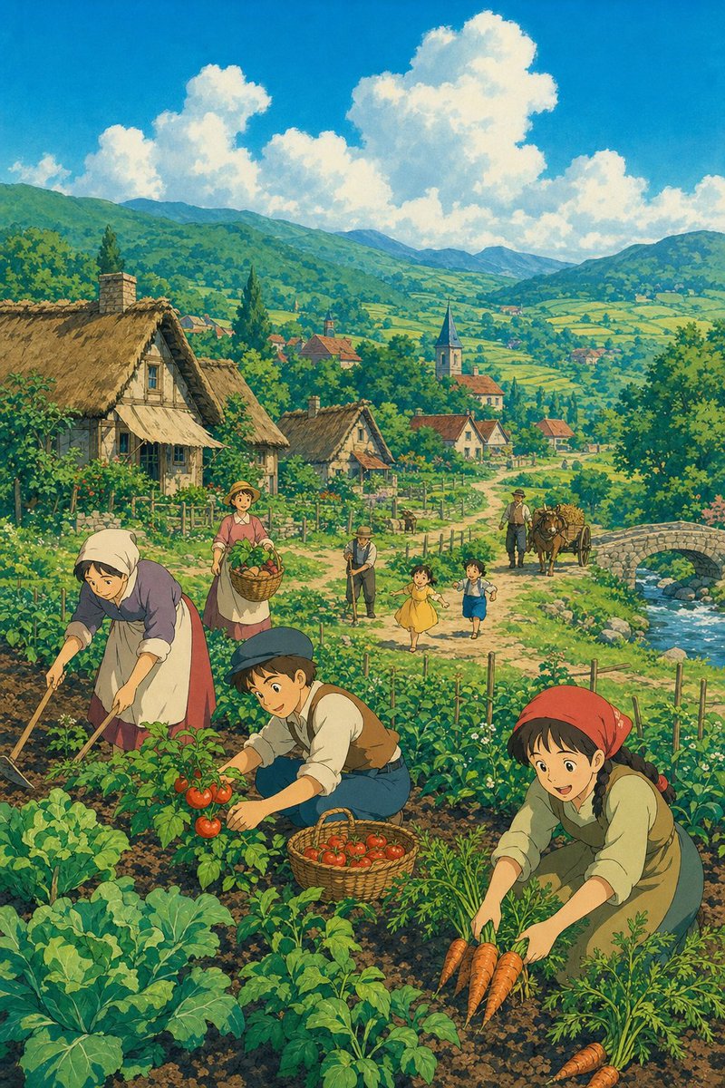 Ghibli Style Pastoral Village AI image template preview