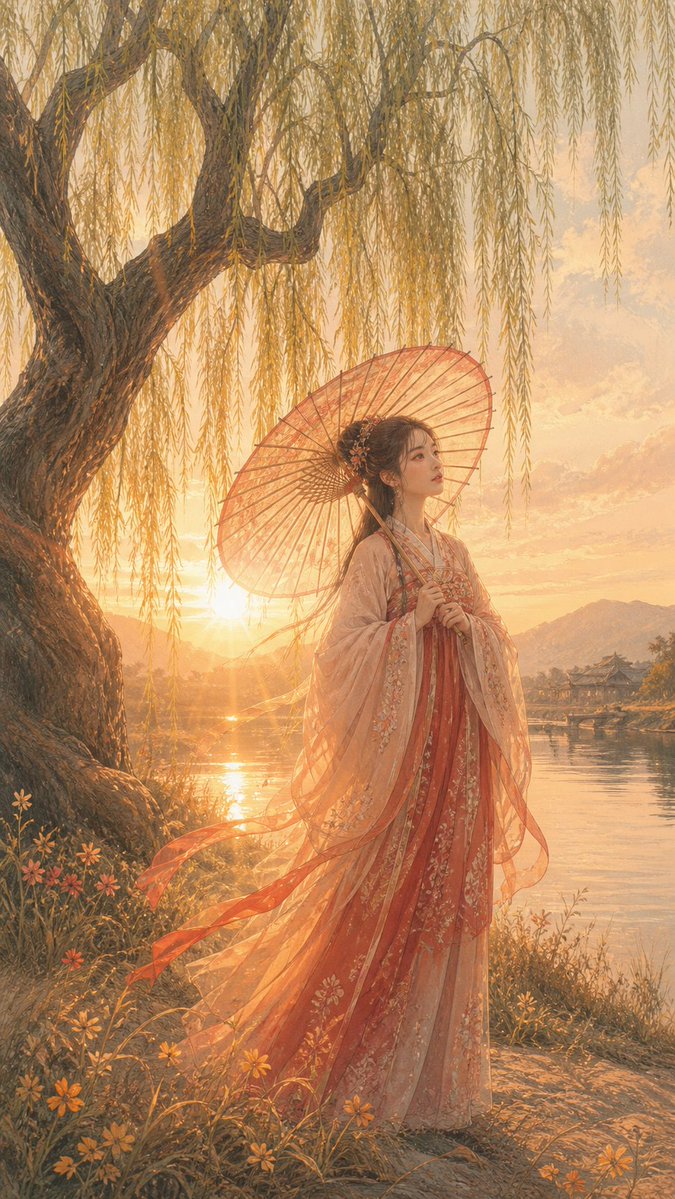 Sunset Hanfu Willow Lakeside Portrait AI image template preview
