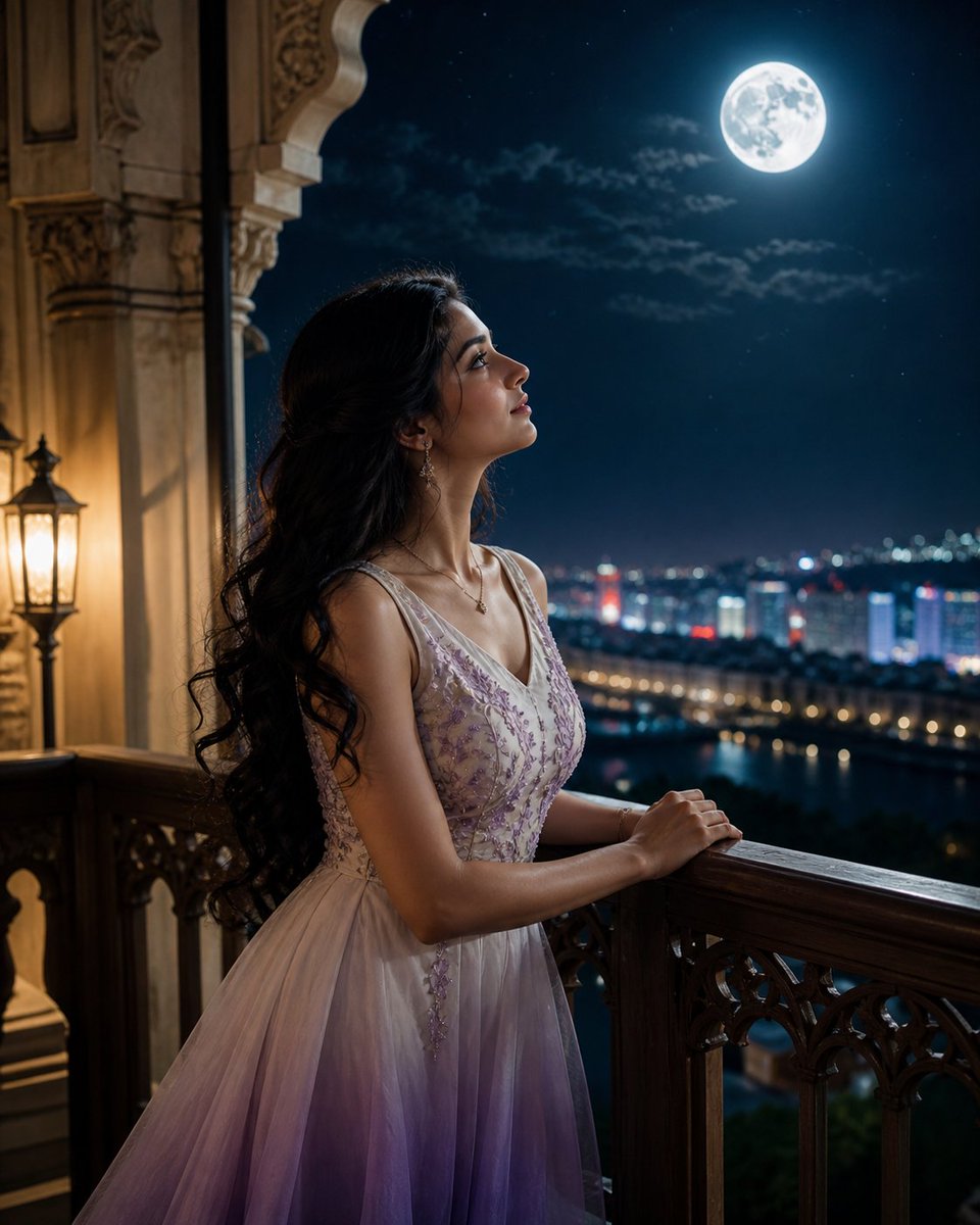 Moonlit Indian Woman Balcony Portrait AI image template preview