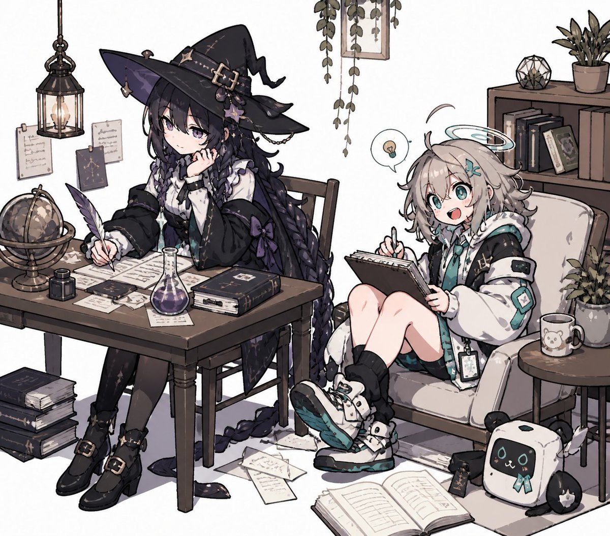 Cozy Witch and Halo Girl Study Scene AI image template preview