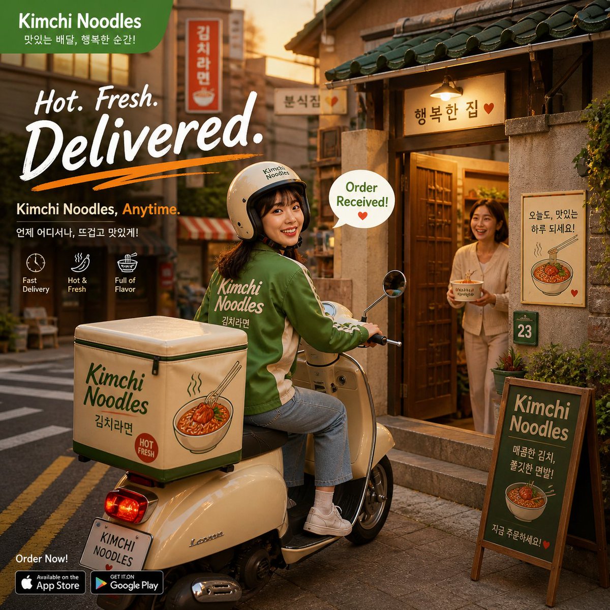 Warm Kimchi Noodles Delivery Ad AI image template preview