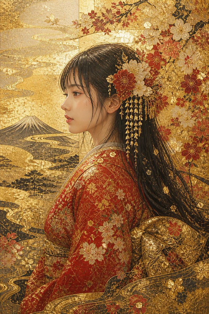 Kirikane Gold Kimono Portrait AI image template preview
