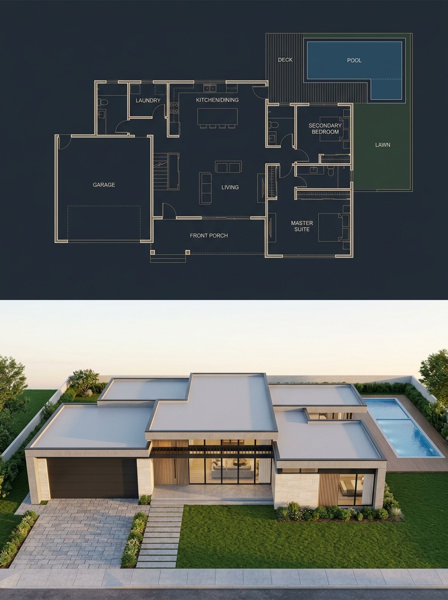 Split Blueprint and Modern House Render AI image template preview