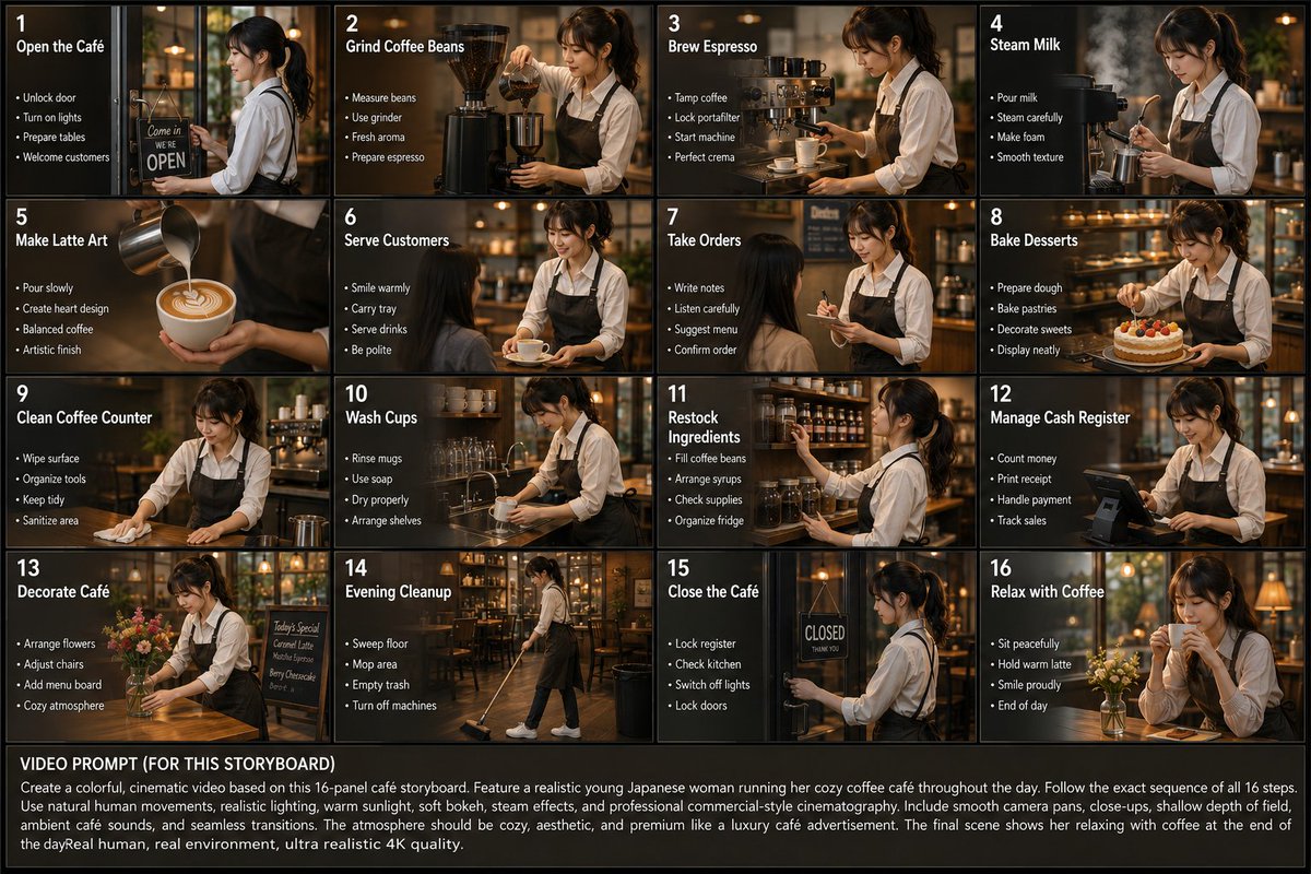 Japanese Cafe Daily Routine Storyboard AI image template preview
