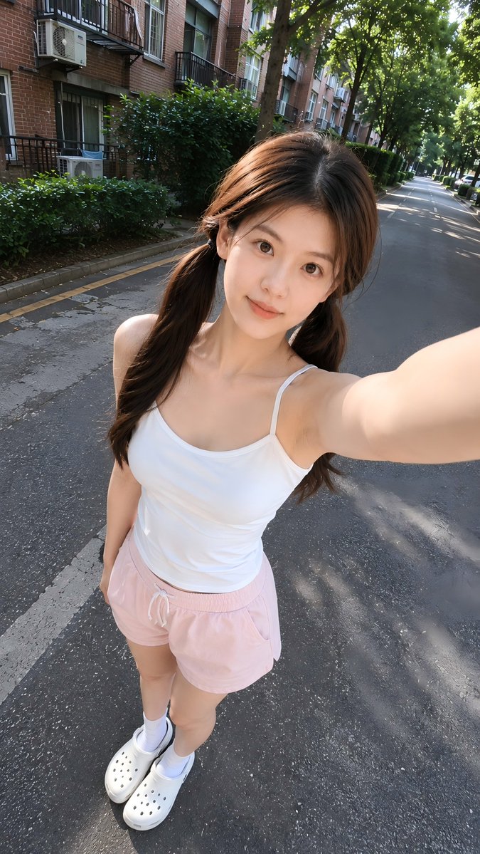 High-Angle Summer Street Selfie AI image template preview