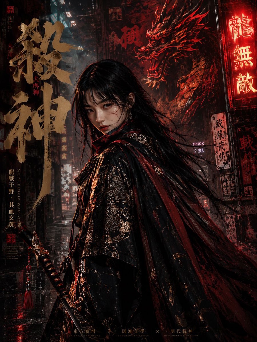 Cyberpunk Ming Dynasty Warrior Poster AI image template preview