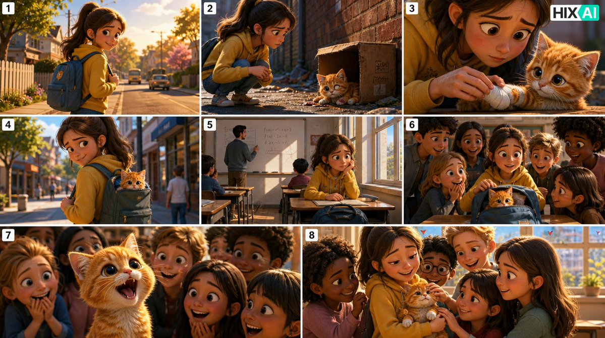 Eight-Panel Kitten Rescue Storyboard AI image template preview