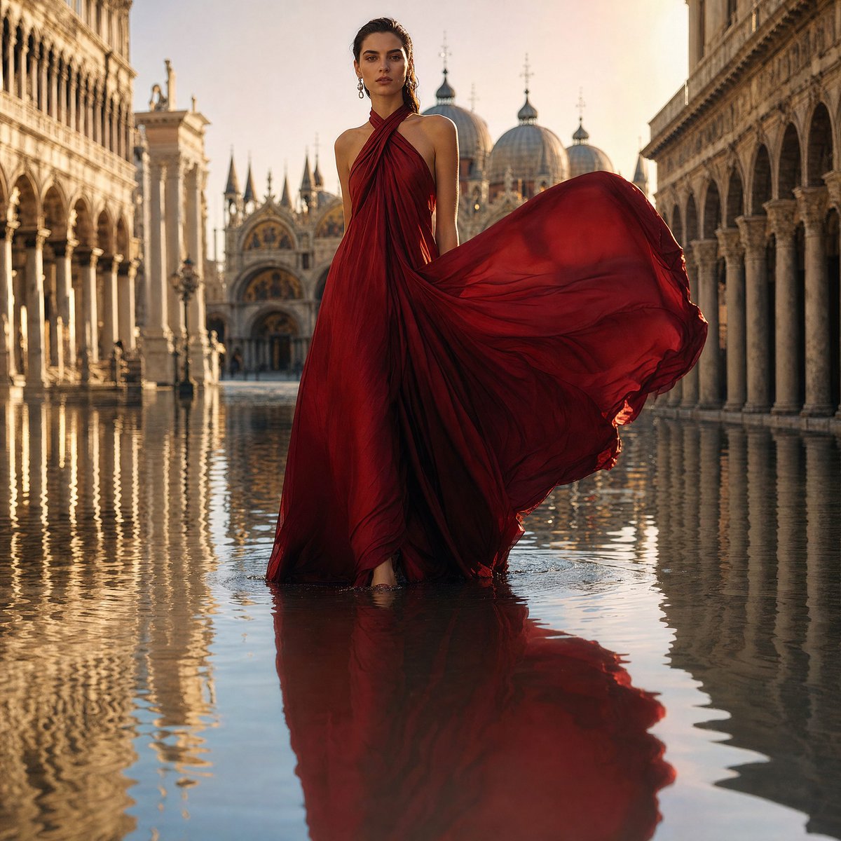 Crimson Gown in Flooded Venice AI image template preview