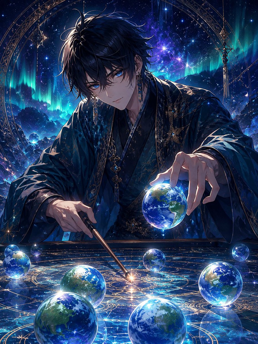 Celestial Sorcerer at Cosmic Chart Table AI image template preview
