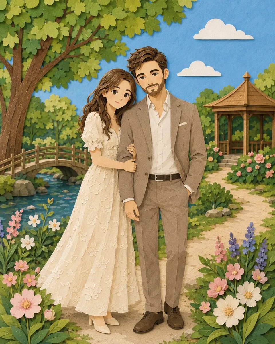 Romantic Paper-Cut Couple Portrait AI image template preview