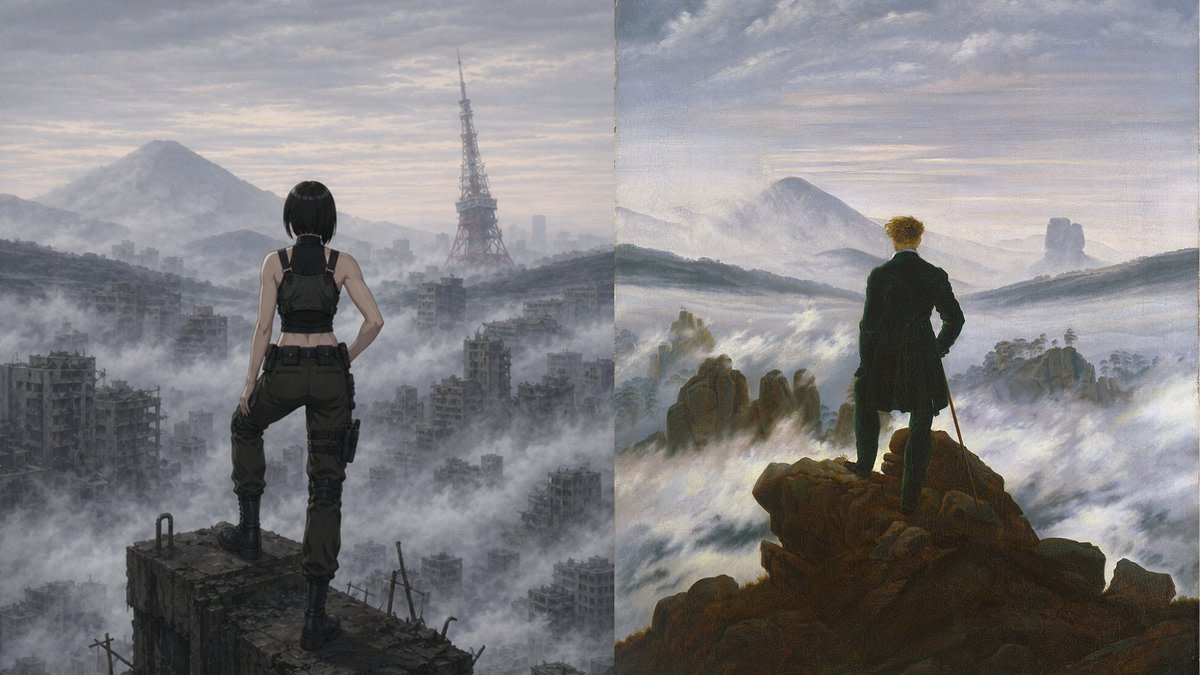 Cyberpunk Wanderer above the Sea of Fog AI image template preview