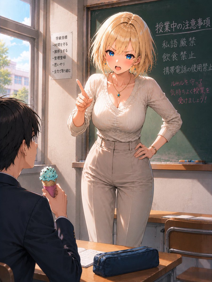Blonde Teacher Classroom Scene AI image template preview