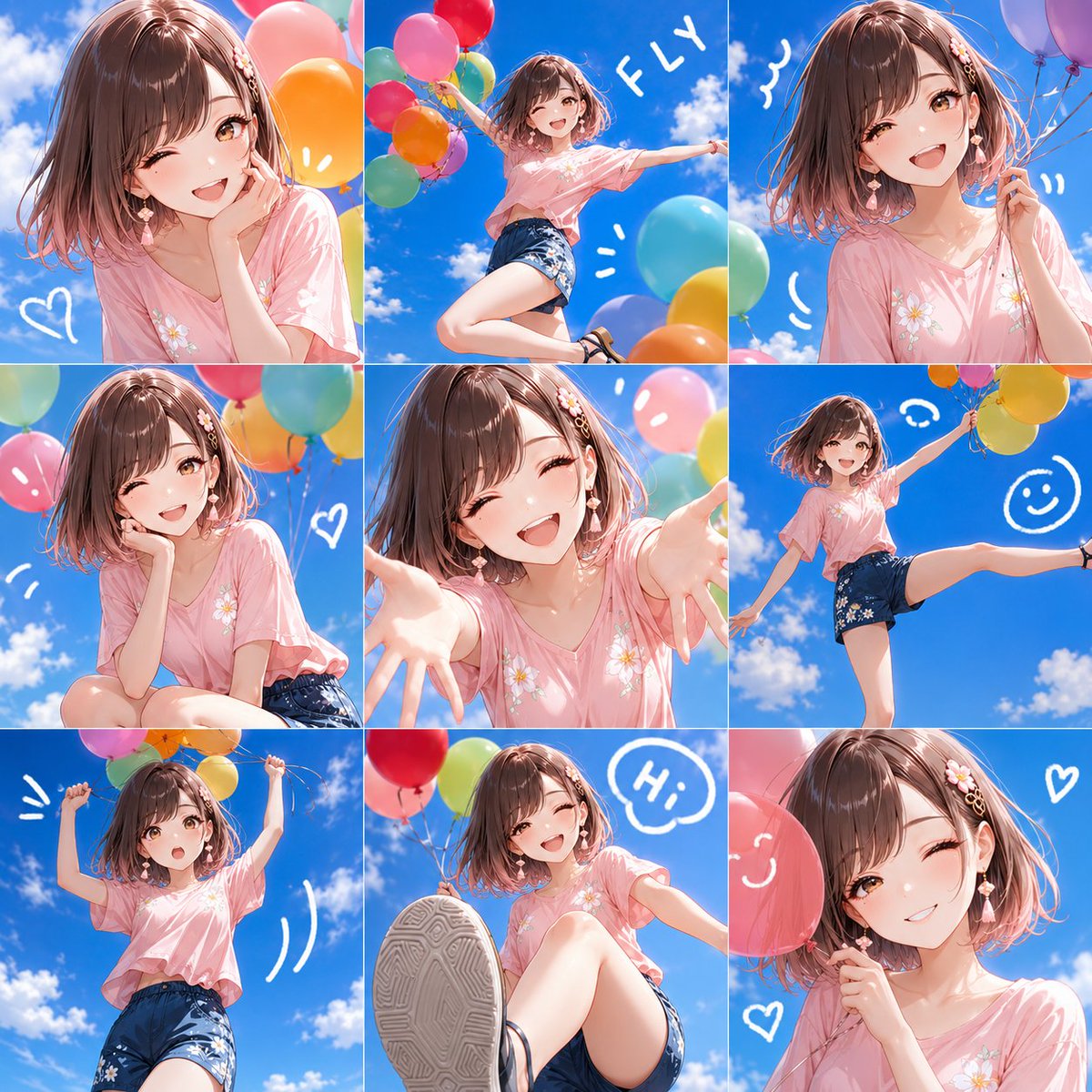 Nine-Panel Summer Balloon Anime Collage AI image template preview