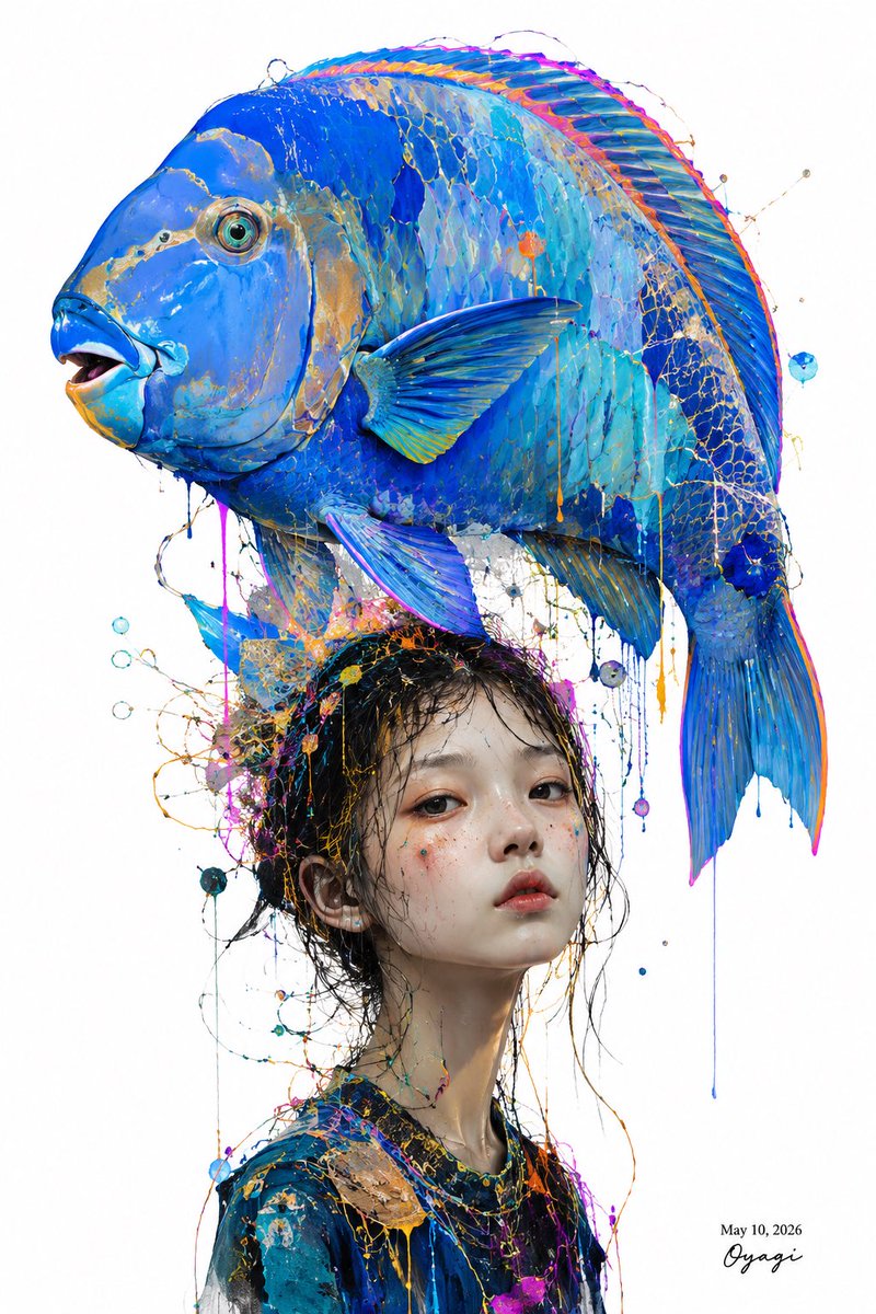 Surreal Blue Fish Hat Portrait AI image template preview