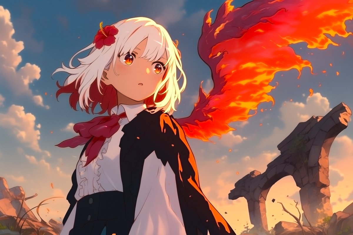 Anime Phoenix Girl Ruins Scene AI image template preview
