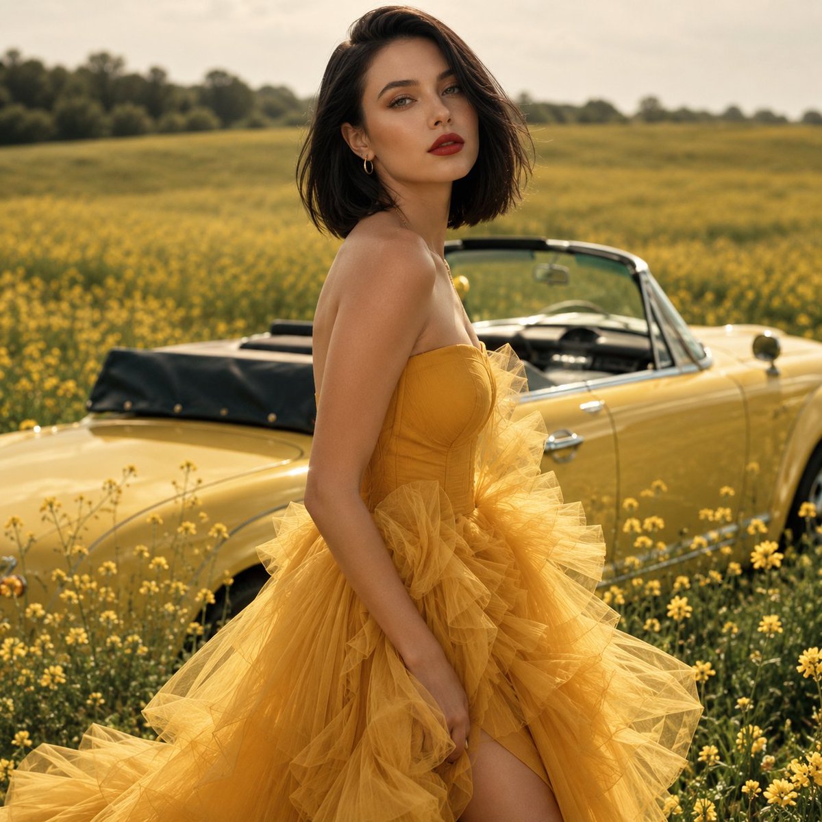 Vintage Yellow Couture Field Portrait AI image template preview