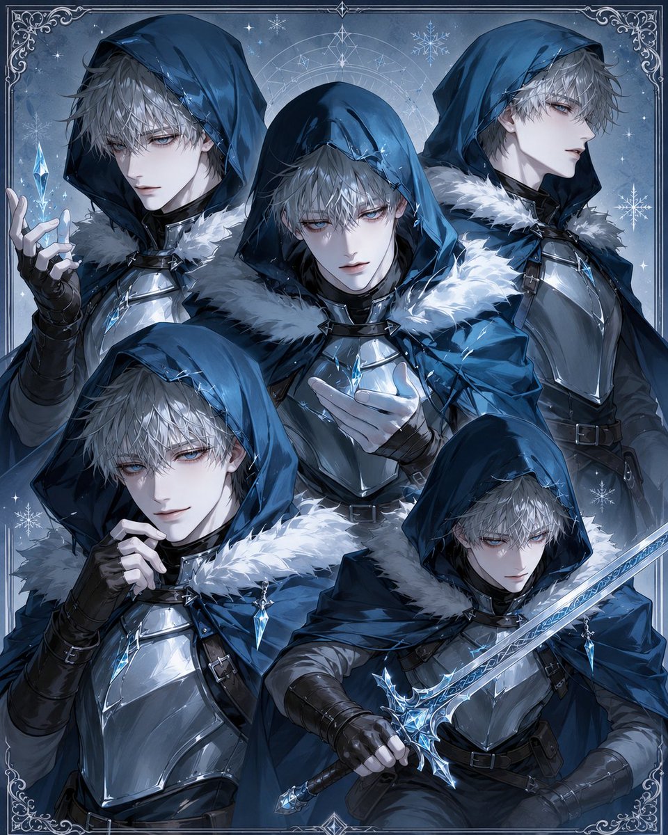 Hooded Ice Knight Pose Collage AI image template preview