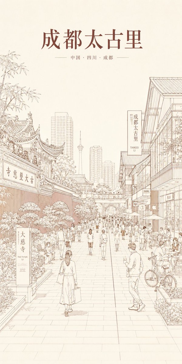 Chengdu Taikoo Li Line Art Poster AI image template preview