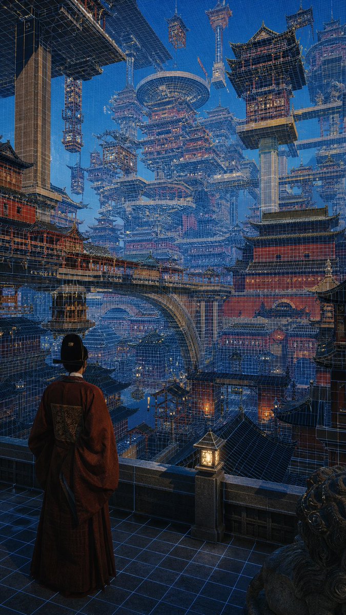 Cyber Imperial Floating Palace City AI image template preview