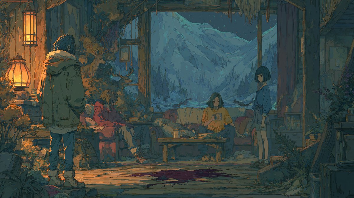 Mysterious Mountain Lodge Anime Scene AI image template preview