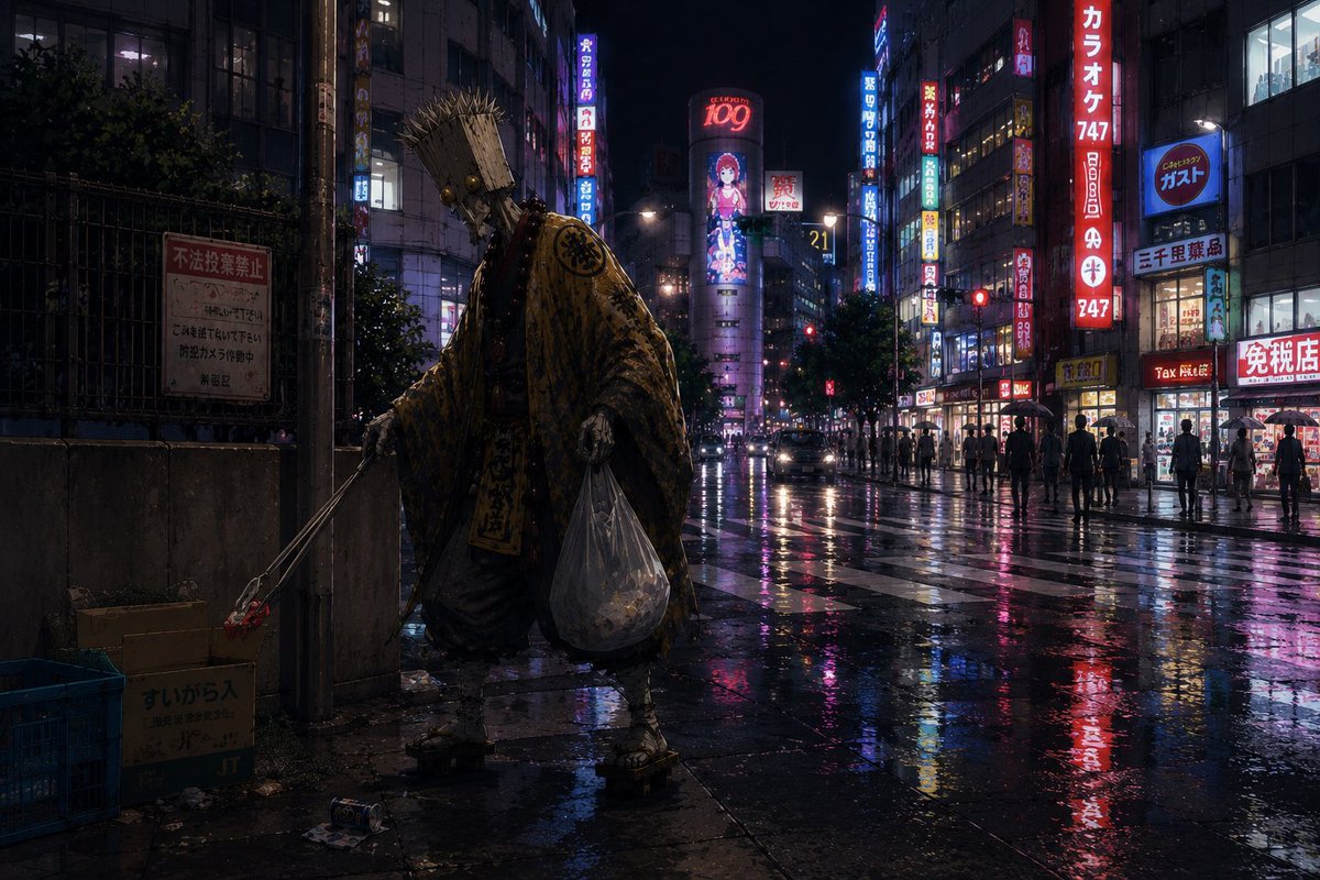 Ascetic Monk Cleaning Neon Tokyo AI image template preview