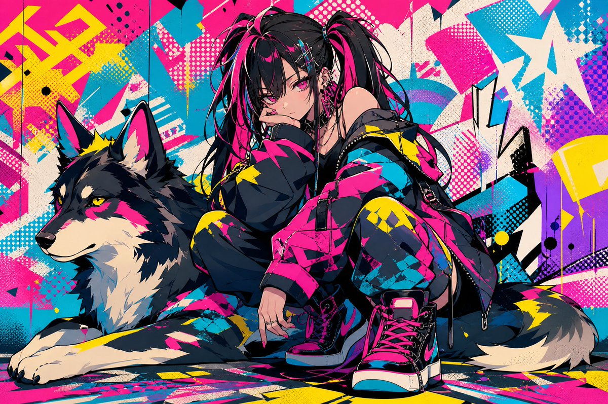 Neon Punk Girl with Husky AI image template preview