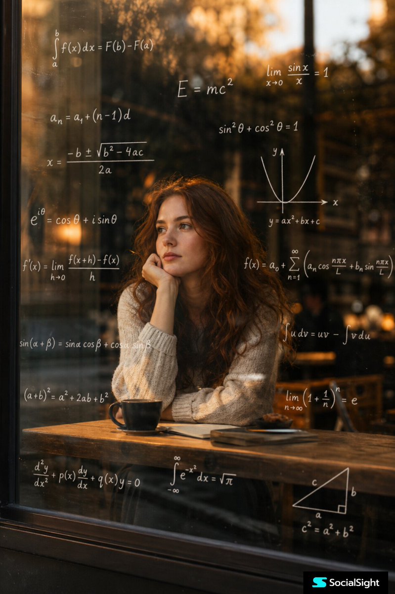 Thoughtful Woman Cafe Window Equations AI image template preview