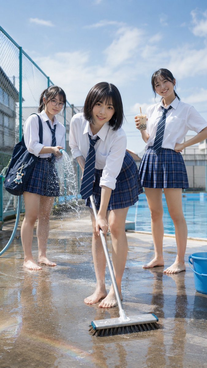 Japanese School Pool Cleaning Scene AI image template preview
