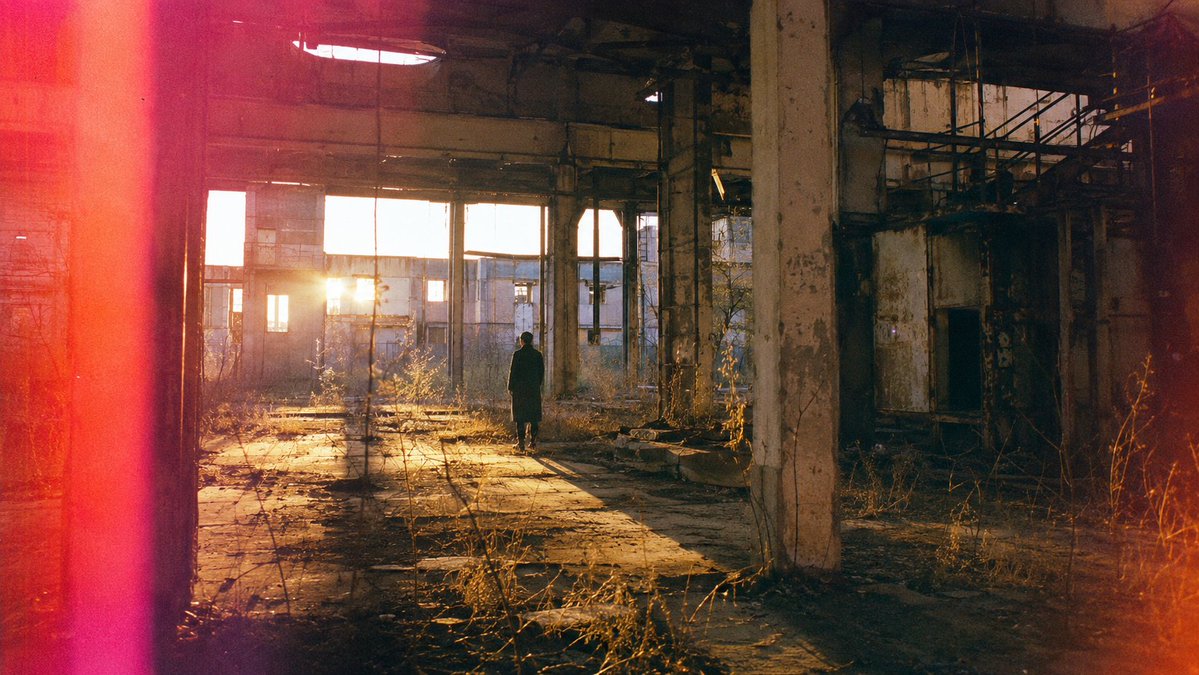 Lone Figure in Abandoned Warehouse AI image template preview