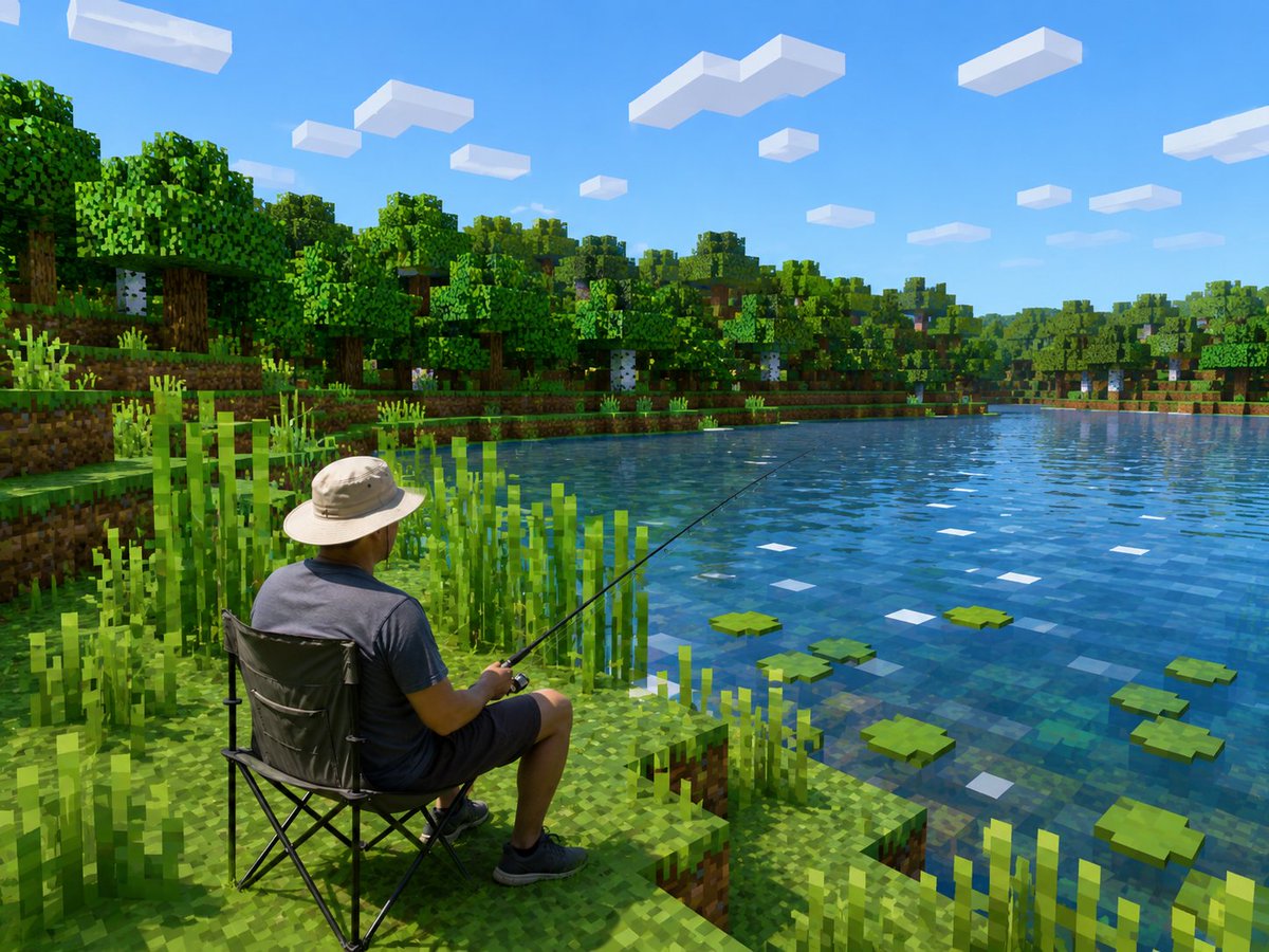 Realistic Fisherman in Minecraft Lake AI image template preview