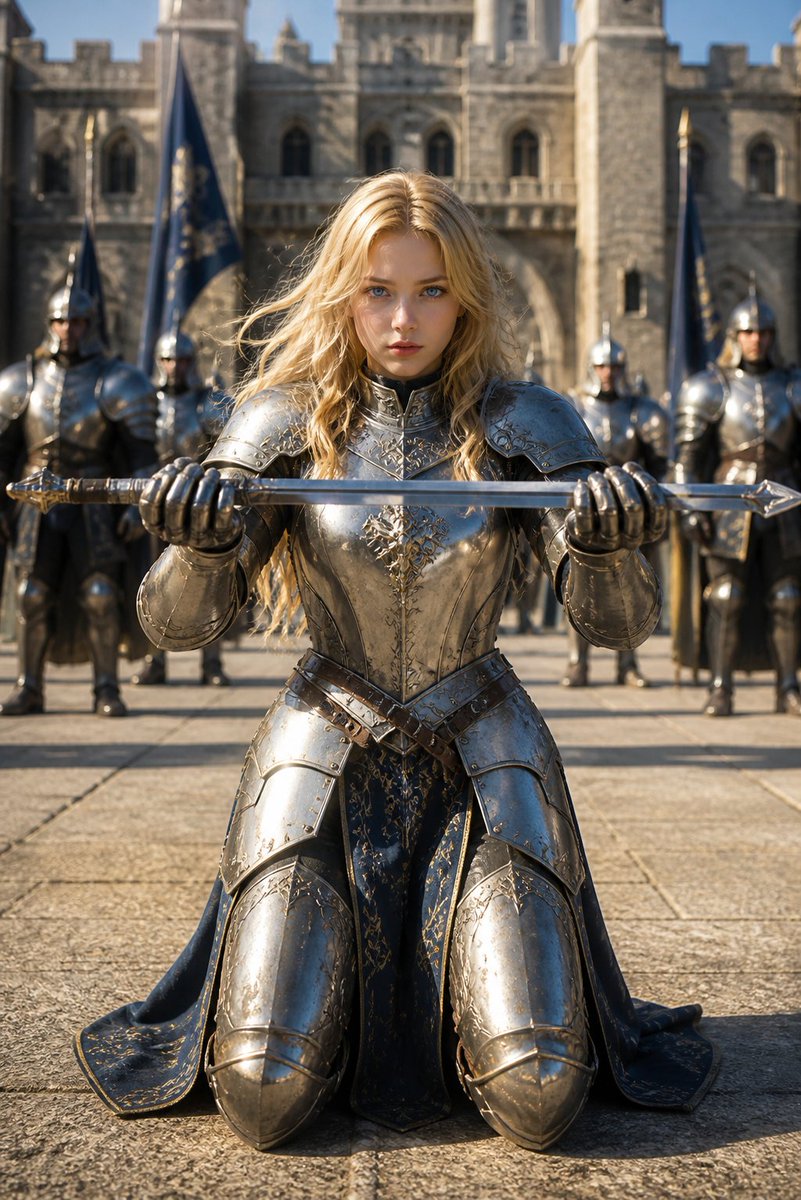 Kneeling Blonde Knight at Castle AI image template preview