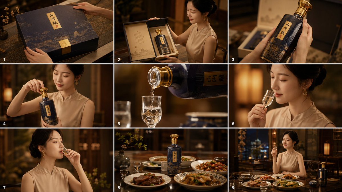 Cinematic Baijiu 9-Panel Storyboard AI image template preview