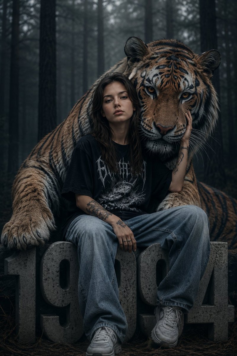 Dark Fantasy Girl with Bengal Tiger AI image template preview