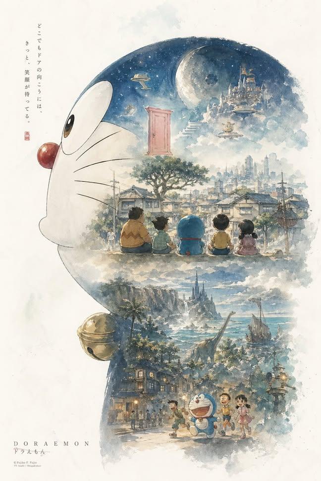 Doraemon Watercolor Silhouette Dreamscapes AI image template preview