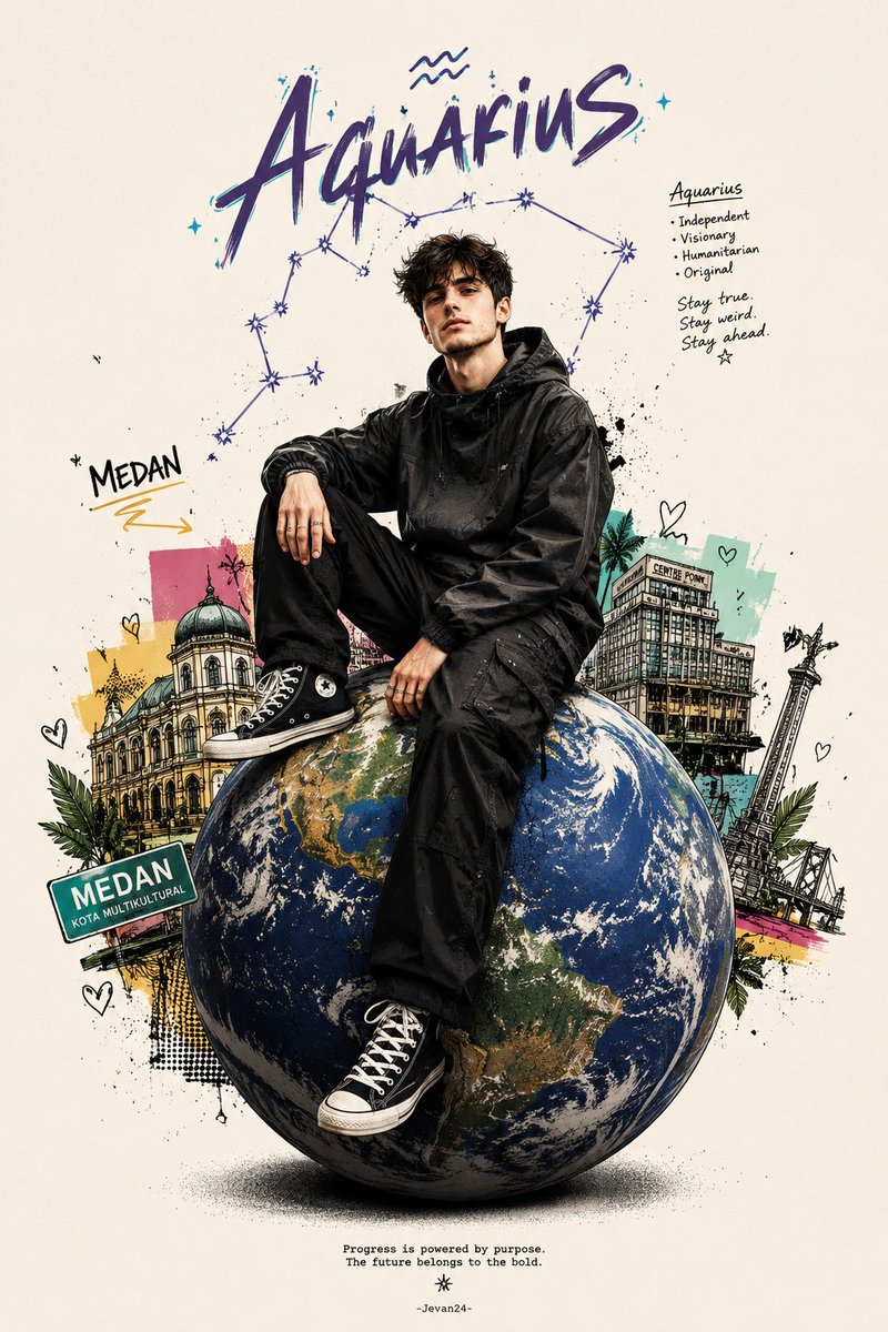 Zodiac Globe and City Doodles Poster AI image template preview