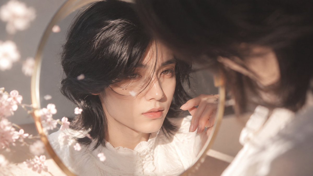 Androgynous Boy Mirror Reflection Portrait AI image template preview