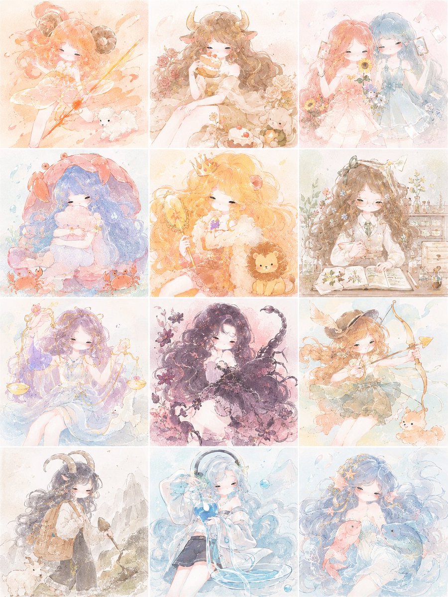 Pastel Zodiac Girls Grid AI image template preview