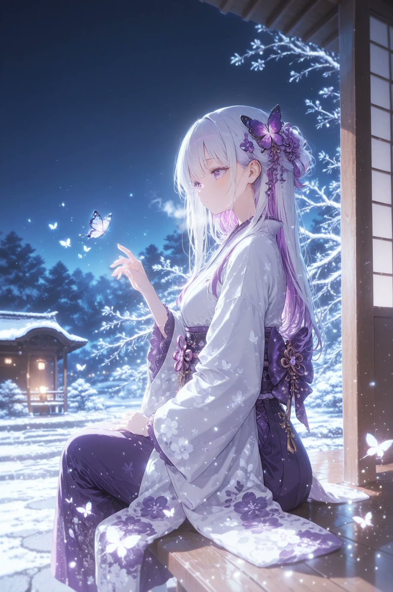 Snowy Kimono Butterfly Anime Scene AI image template preview