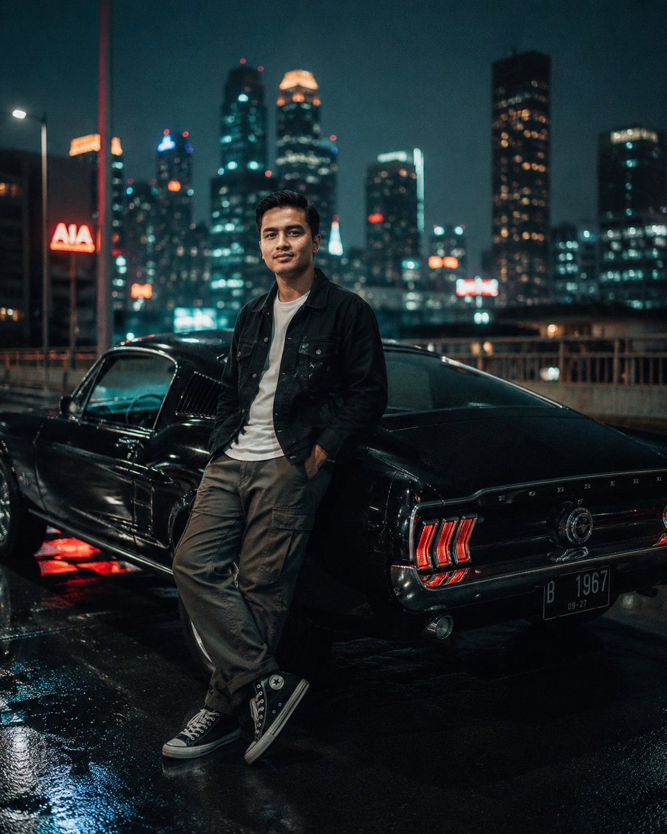 Cinematic Night City Mustang Portrait AI image template preview
