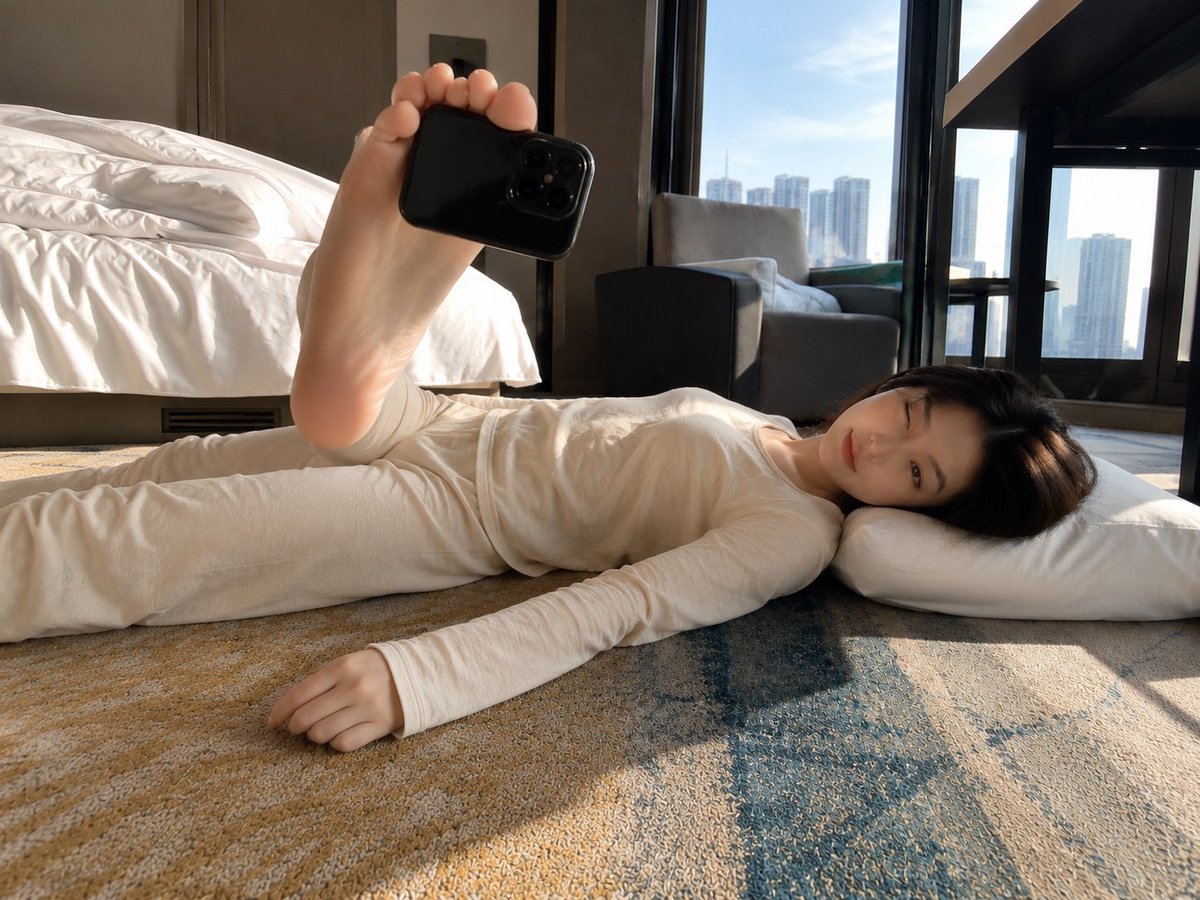 Foot-Held Selfie in Hotel Room AI image template preview