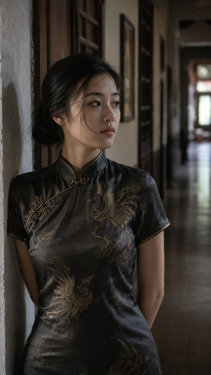East Asian Woman in Silk Qipao AI image template preview