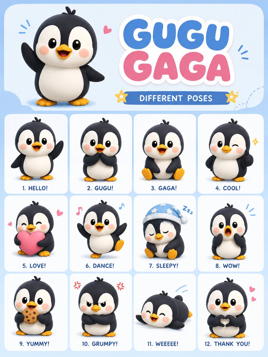 Chibi Penguin Expression Grid AI image template preview