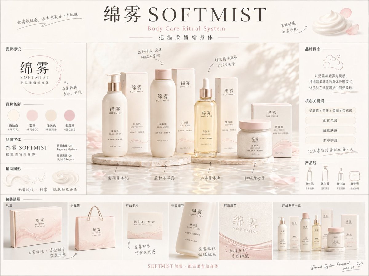 《品牌概念提案板》提示词：

请生成一张【画幅比例】的高完成度「品牌全案概念提案板 / Brand  example 3