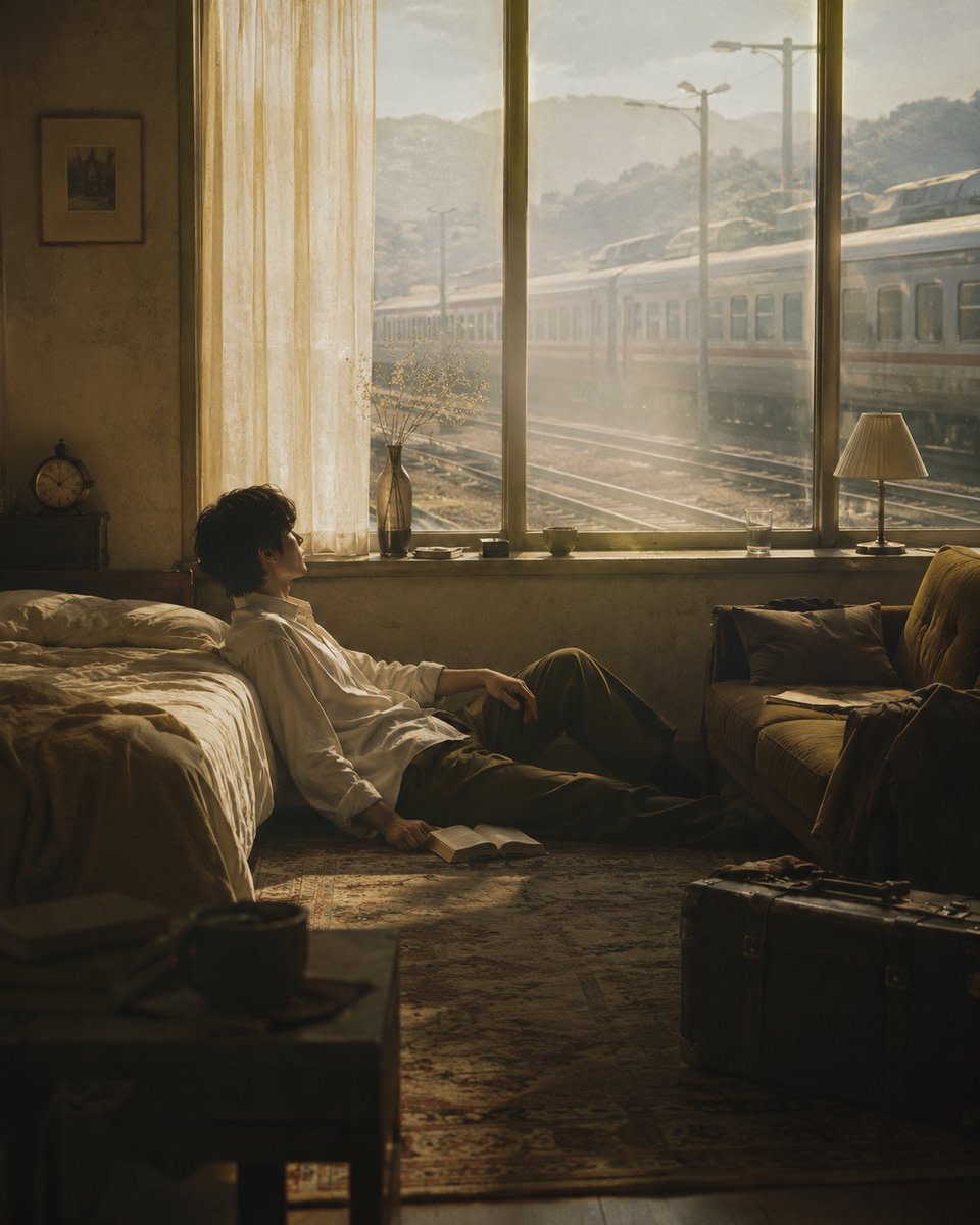 Nostalgic Train-Side Hotel Room AI image template preview